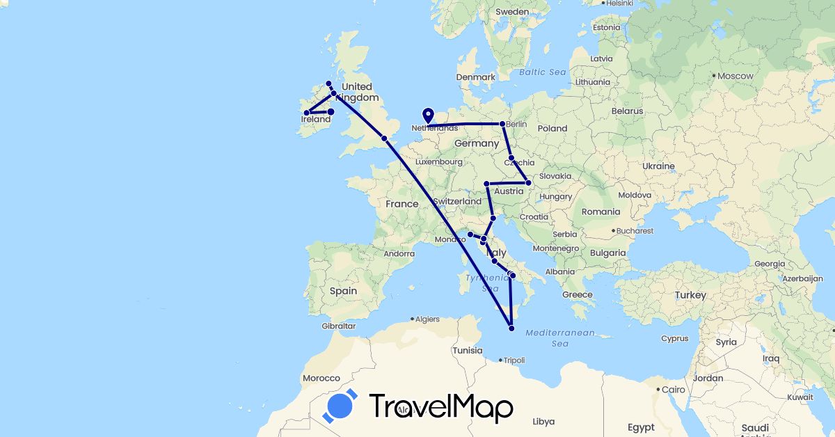 TravelMap itinerary: driving in Austria, Czech Republic, Germany, United Kingdom, Ireland, Italy, Malta, Netherlands (Europe)